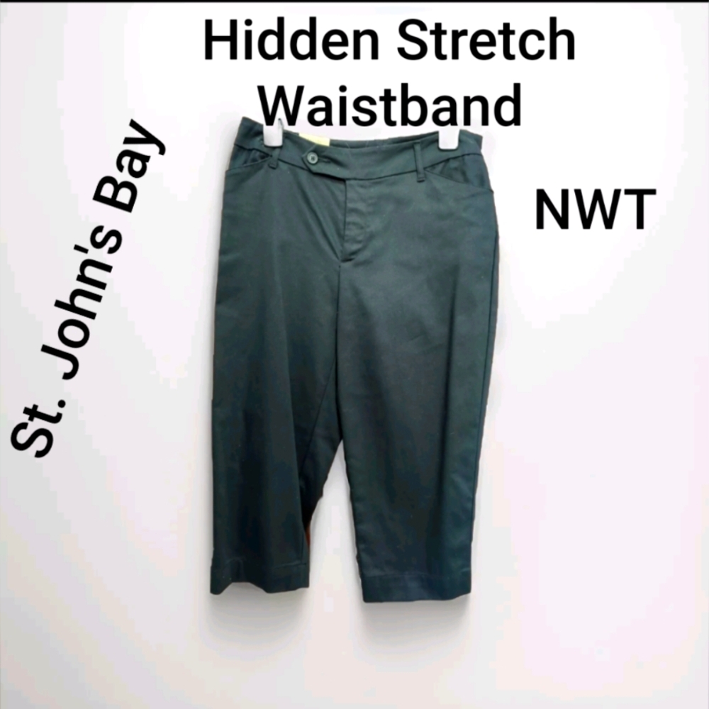 St John's Bay Womens Black Capris Stretch Size 8 Hidden Stretch Waisband NWT